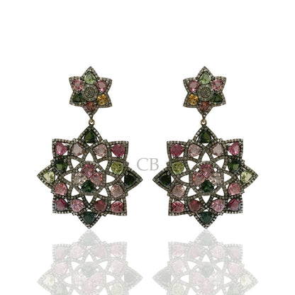 Diamond and Multi Tourmaline Silver Earrings