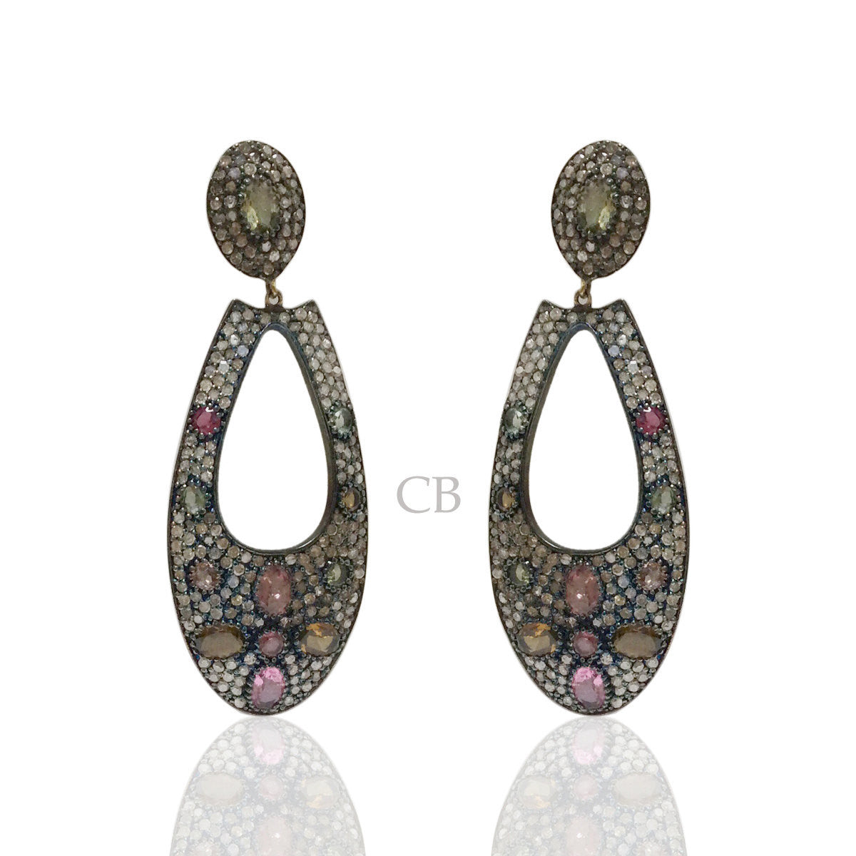 Diamond and Silver Multi Tourmaline Black Rhodium Finish Earring