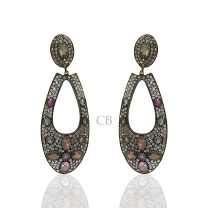 Diamond and Silver Multi Tourmaline Black Rhodium Finish Earring