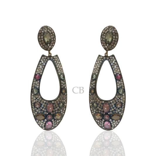 Diamond and Silver Multi Tourmaline Black Rhodium Finish Earring