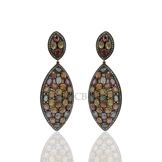 Diamond and Silver multi Sapphire Black Rhodium Finish Earring.