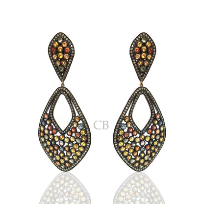 Diamond and Silver Multi Sapphire Black Rhodium Finish Earrings