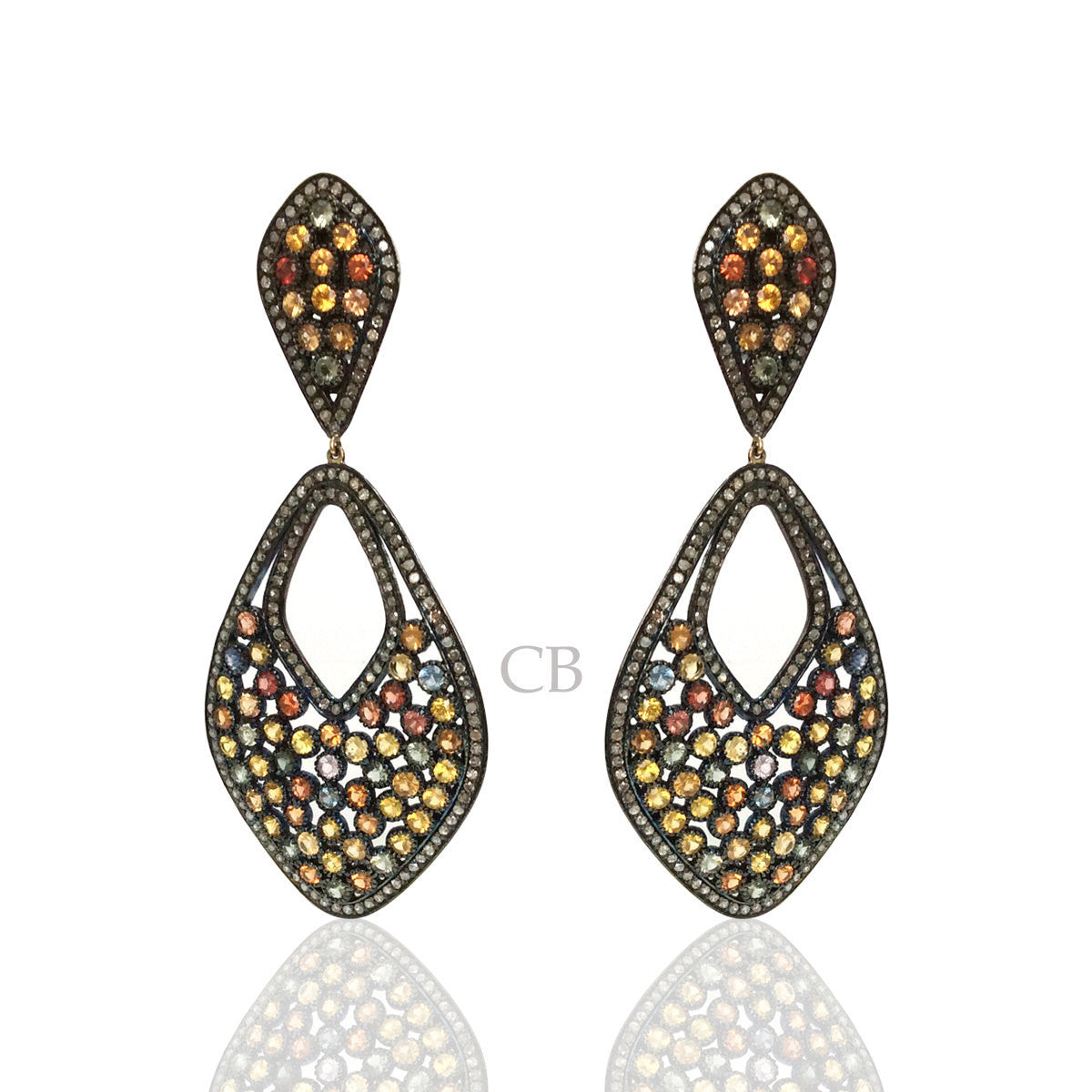 Diamond and Silver Multi Sapphire Black Rhodium Finish Earrings