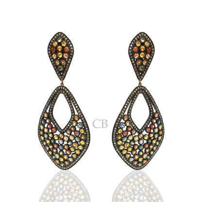 Diamond and Silver Multi Sapphire Black Rhodium Finish Earrings