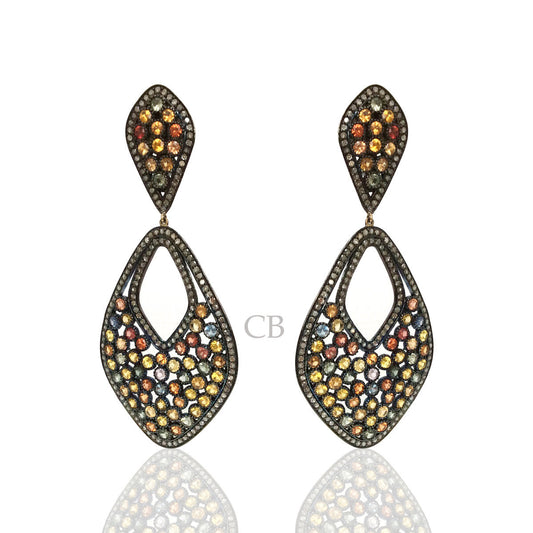 Diamond and Silver Multi Sapphire Black Rhodium Finish Earrings