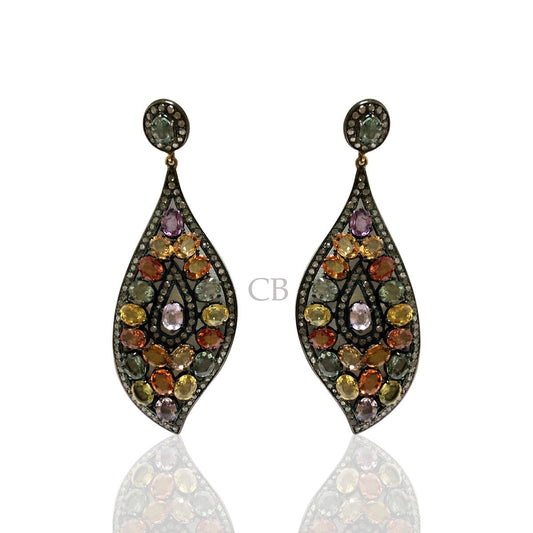 Diamond and Silver Multi Tourmaline Black Rhodium Finish Earring