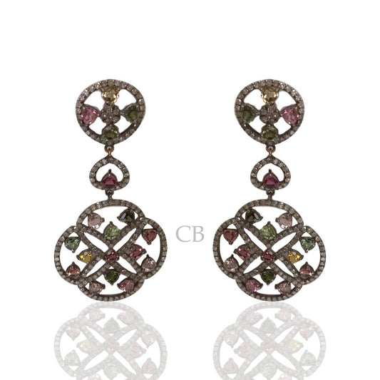 Diamond and Multi Tourmaline Silver Earrings