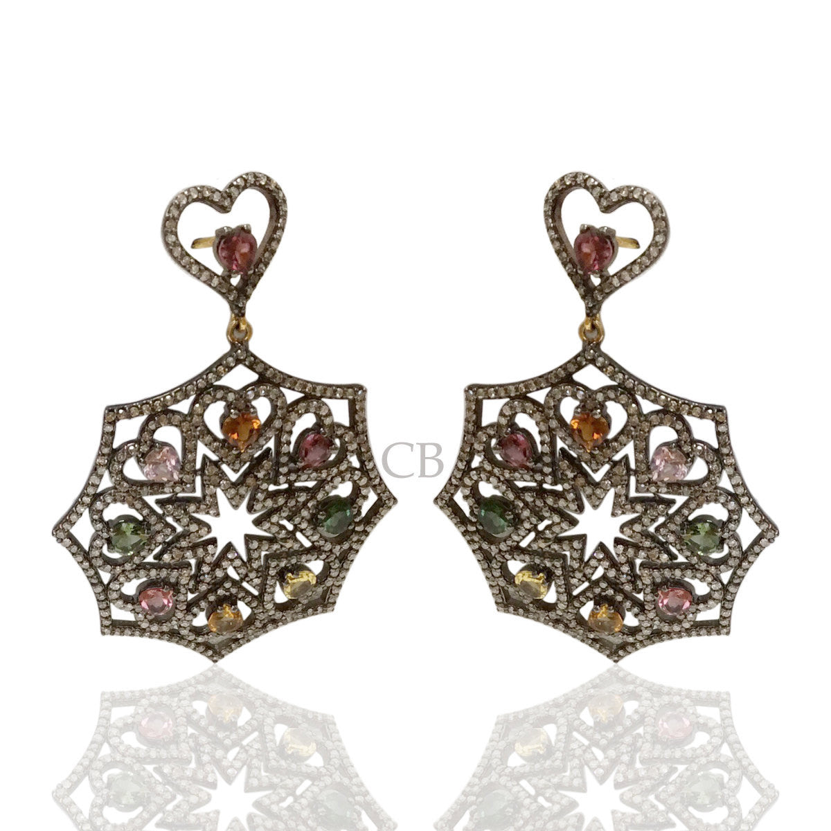 Diamond and Silver Multi Tourmaline Black Rhodium Finish Earrings