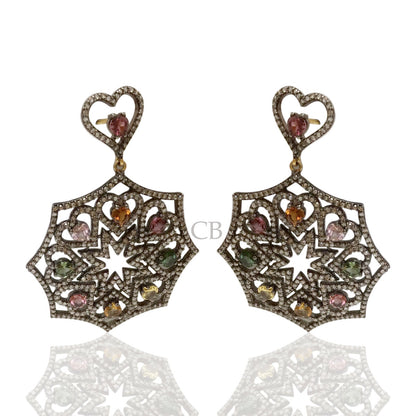 Diamond and Silver Multi Tourmaline Black Rhodium Finish Earrings
