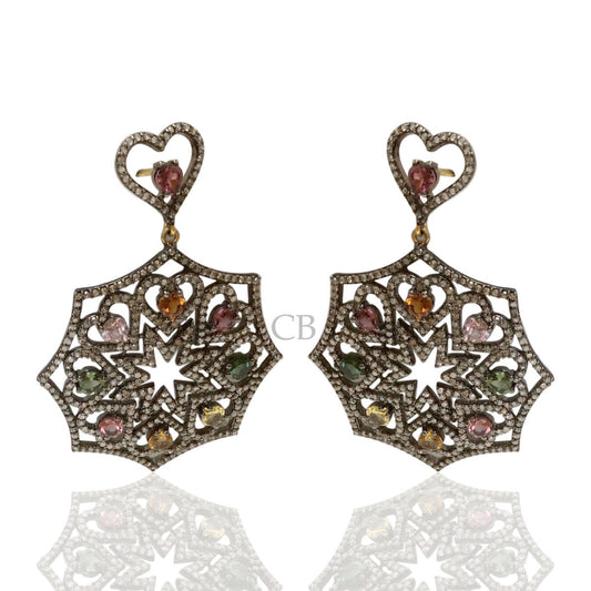 Diamond and Silver Multi Tourmaline Black Rhodium Finish Earrings