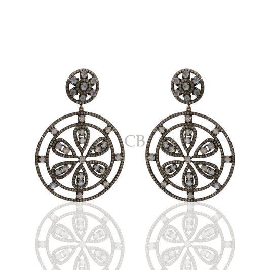 Diamond and Silver White Rainbow Moon Stone Black Rhodium Finish Earring