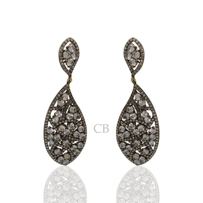 Diamond and Silver White Rainbow Moon Stone Black Rhodium Finish Earrings