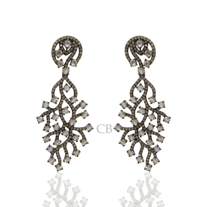 Diamond and Silver White Rainbow Moon Stone Black Rhodium Finish Earrings.