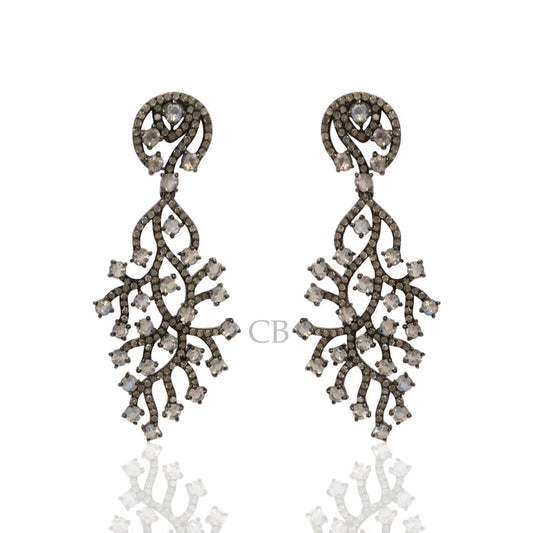 Diamond and Silver White Rainbow Moon Stone Black Rhodium Finish Earrings.