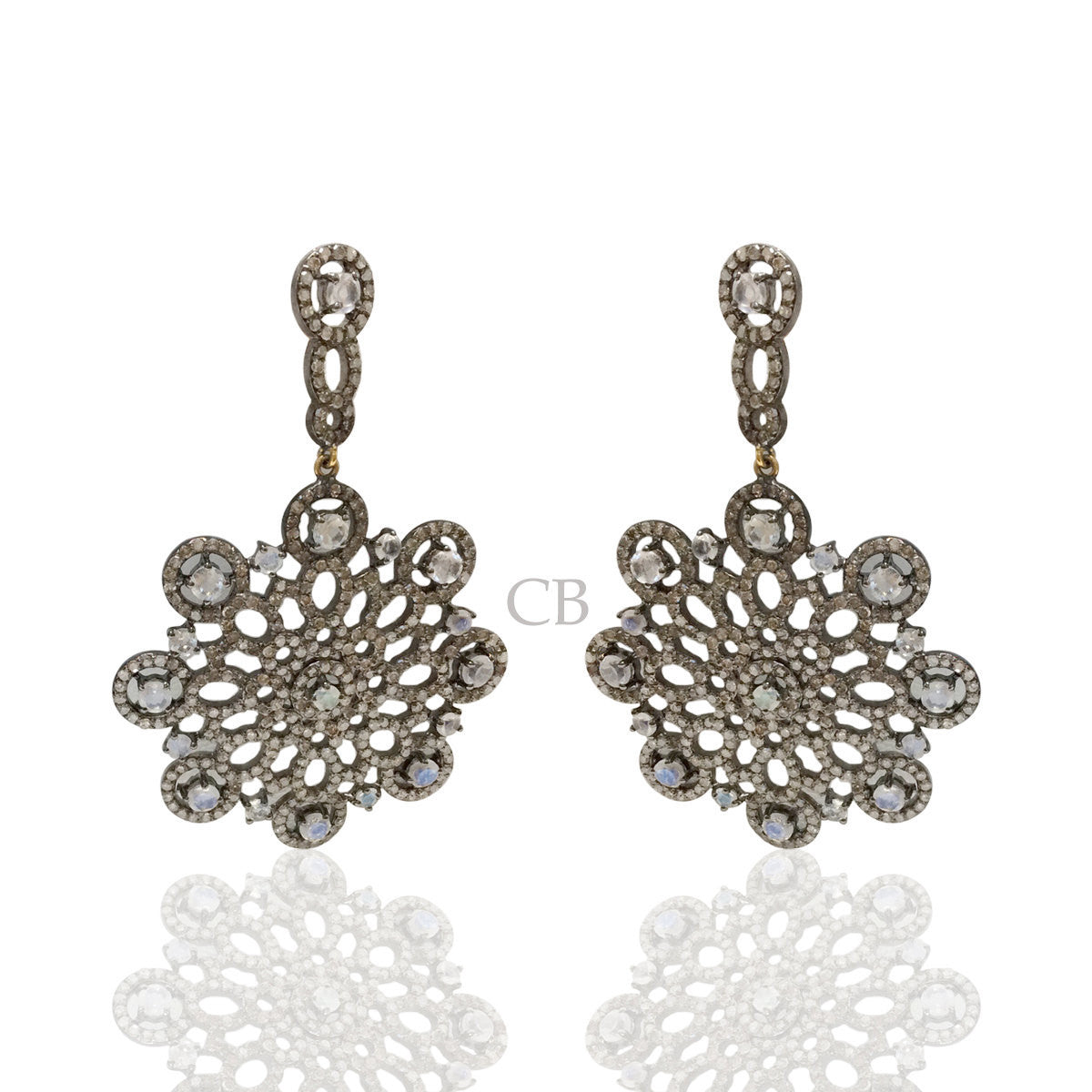 Diamond and Silver White Rainbow Moon Stone Black Rhodium Finish Earring