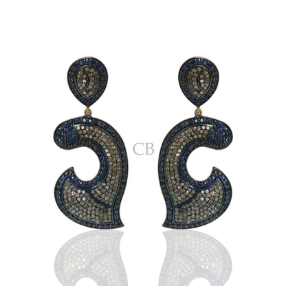 Diamond and Sapphire Silver Black Rhodium Finish Earrings