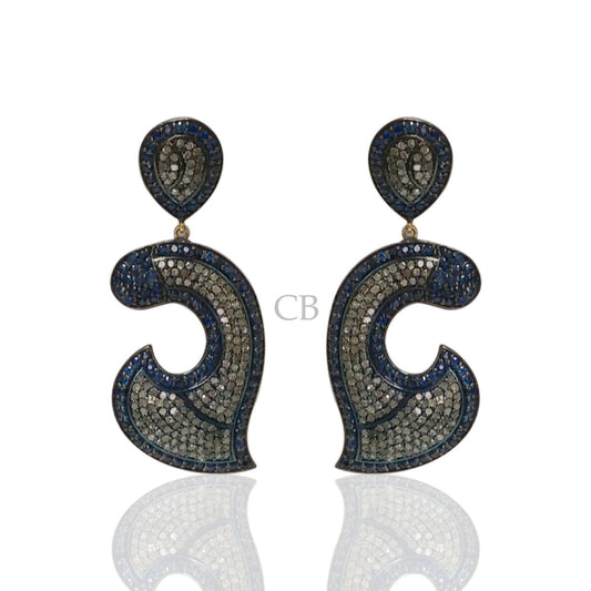Diamond and Sapphire Silver Black Rhodium Finish Earrings