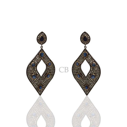 Diamond and Silver Blue Sapphire Black Rhodium Finish Earring