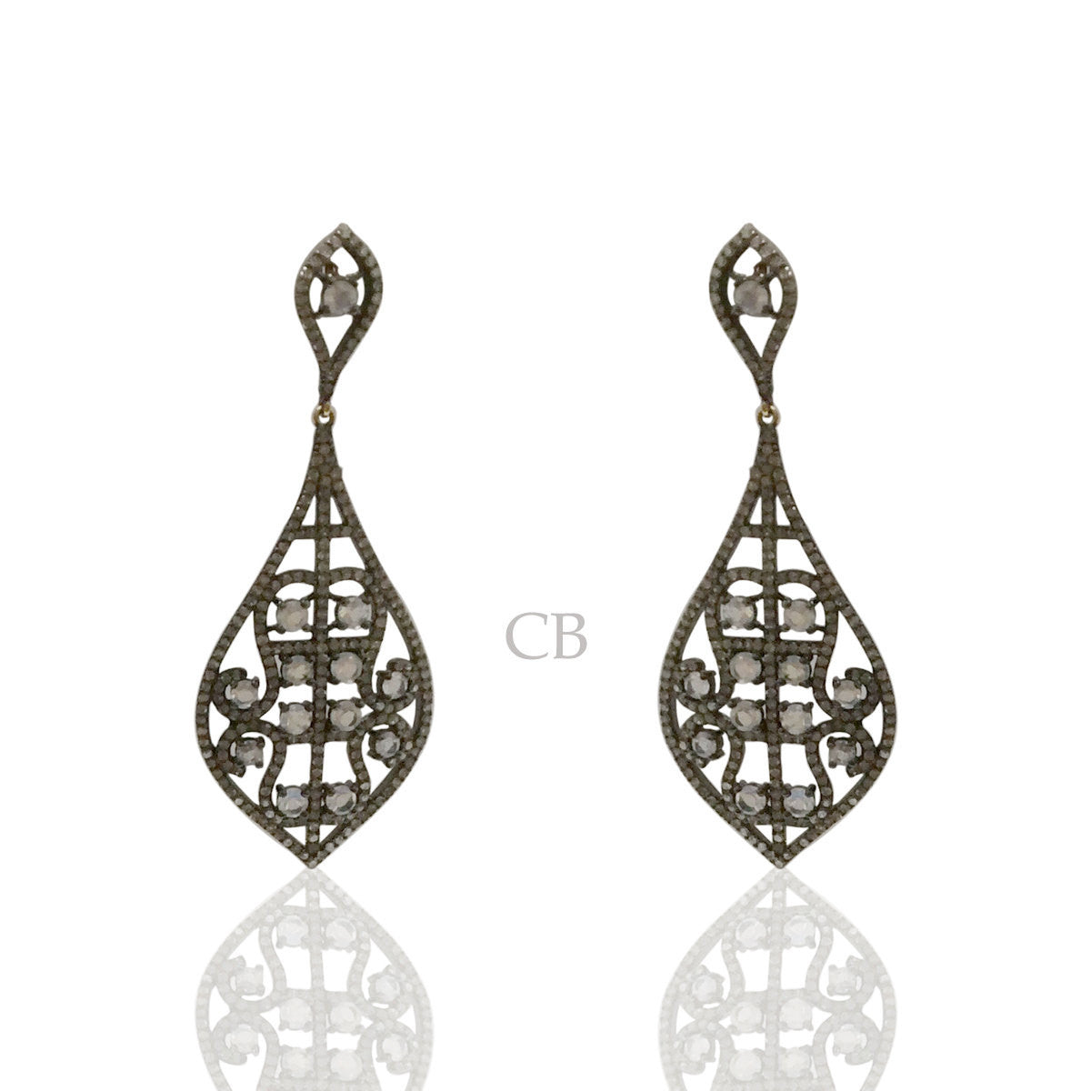 Diamond and Moon Stone Silver Black Rhodium Finish Earrings