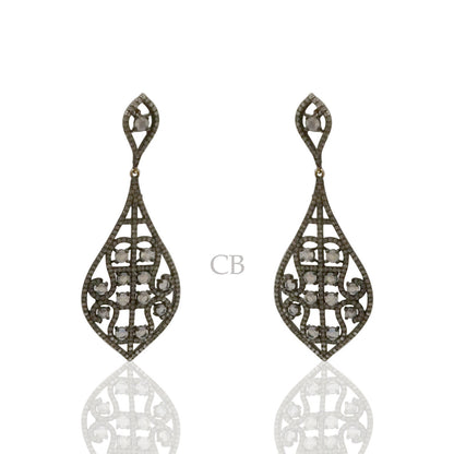 Diamond and Moon Stone Silver Black Rhodium Finish Earrings