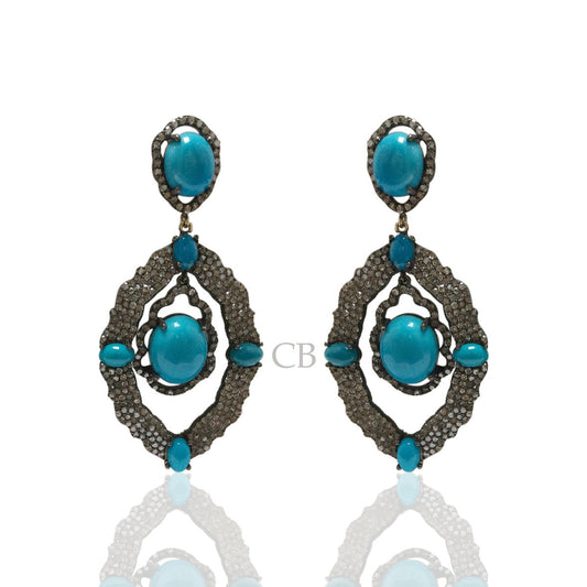 Diamond and Silver Turquoise Stone Black Rhodium Finish Earring.