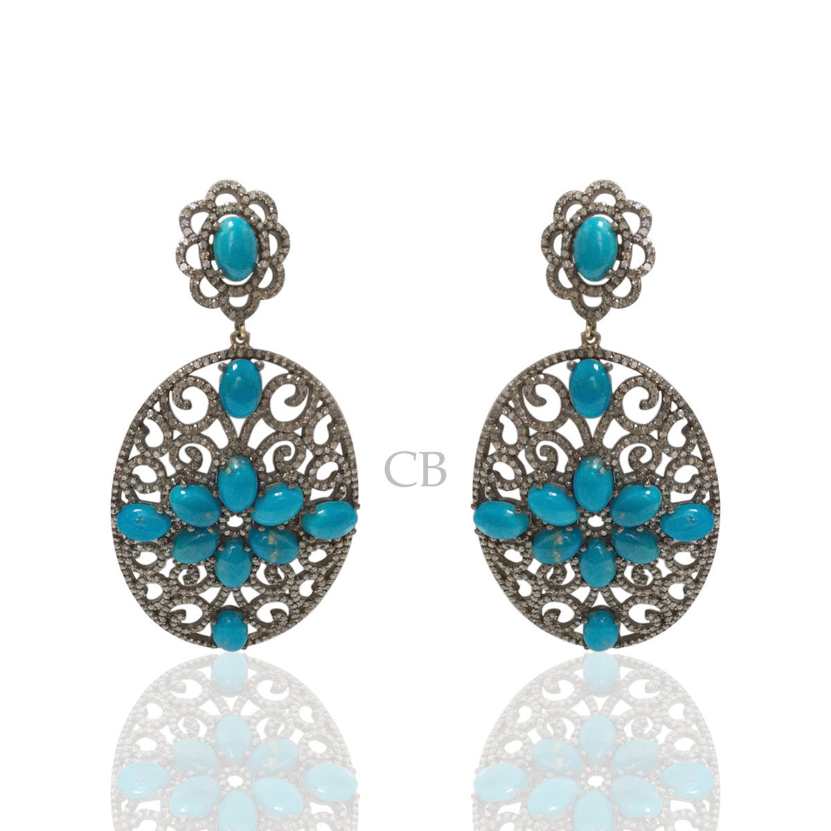 Diamond and Silver Turquoise Stone Black Rhodium Finish Earrings