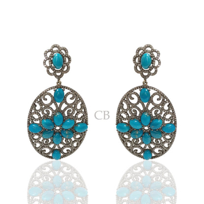 Diamond and Silver Turquoise Stone Black Rhodium Finish Earrings