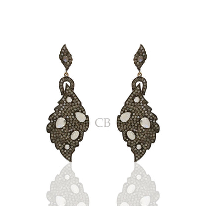 Diamond and Silver White Rainbow Moon Stone Black Rhodium Finish Earrings