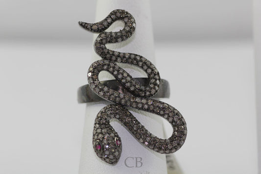 Snake Diamond Ring with Silver Black Rhodium Finish Rings