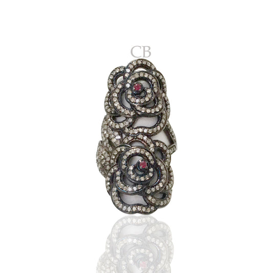 Diamond and Silver Ruby Stone Black Rhodium Finish Ring .