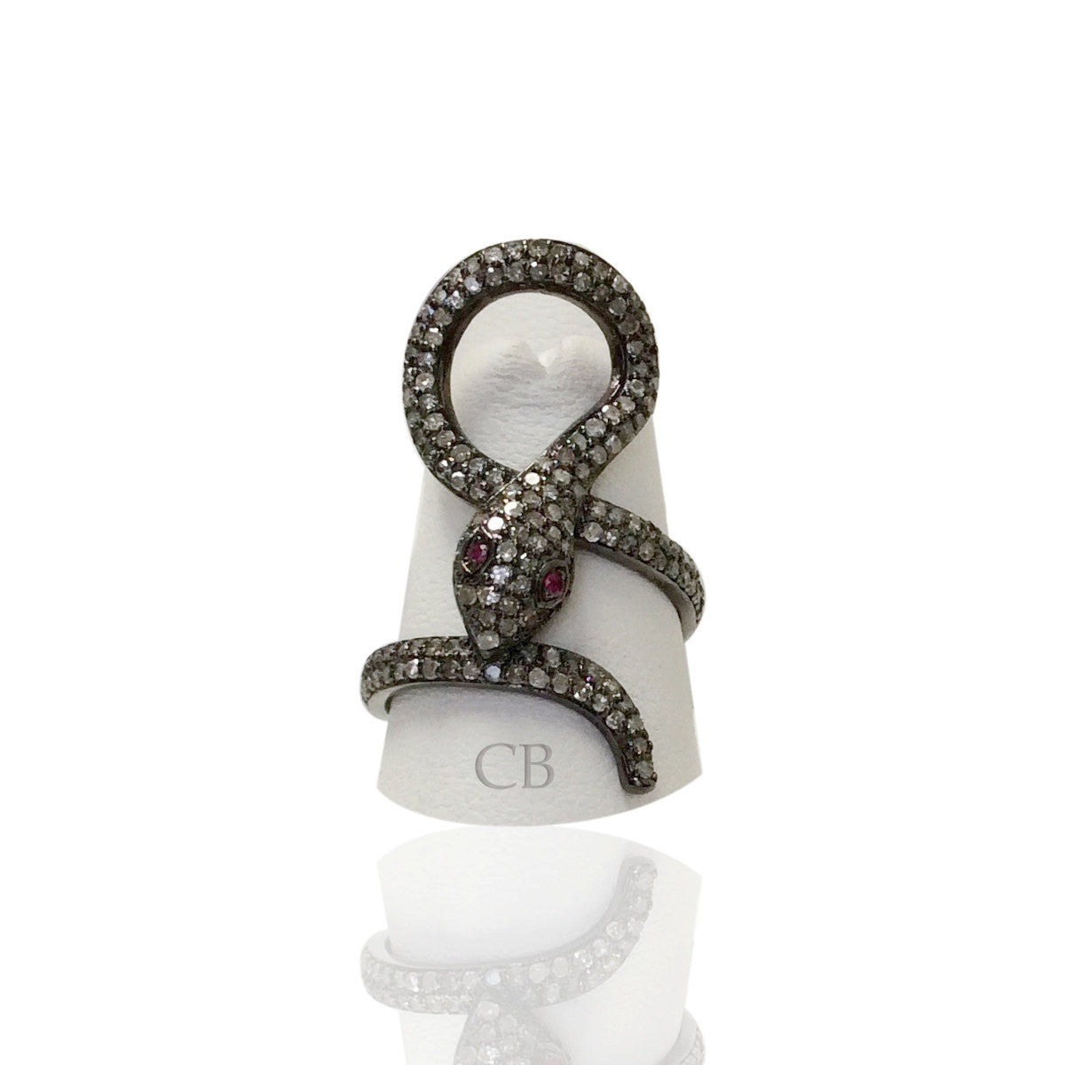 Snake Diamond and Silver Ruby Stone Black Rhodium Finish Rings