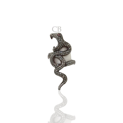 Snake Diamond and Silver Ruby Stone Black Rhodium Finish Rings