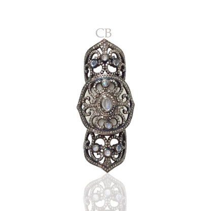 Diamond and Moon Stone Black Rhodium Finish Silver Rings
