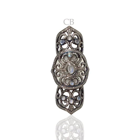 Diamond and Moon Stone Black Rhodium Finish Silver Rings