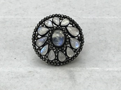 Circle Shape Diamond and Rainbow Moonstone Ring