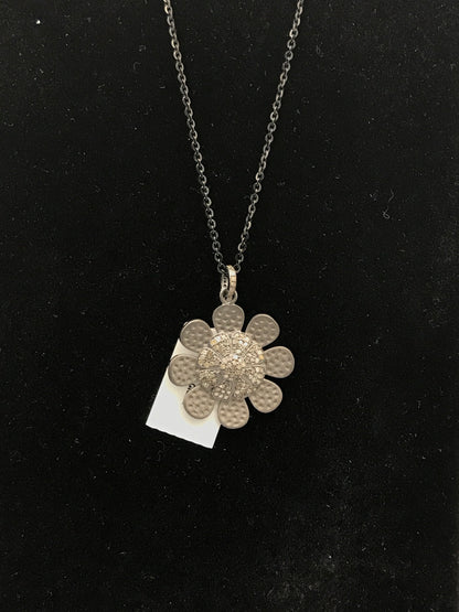 Flower Silver Pave Diamond Pendant