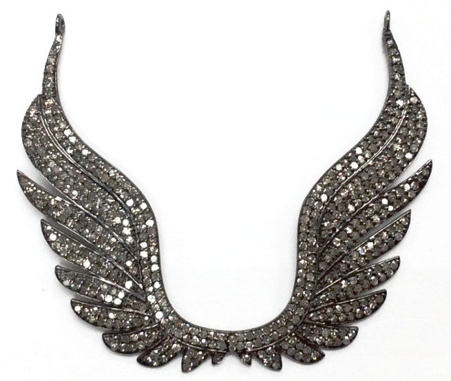 Wings Pave Diamond Necklace .925 Oxidized Sterling Silver Diamond Necklace, Genuine handmade pave diamond Necklace Size 59 MM