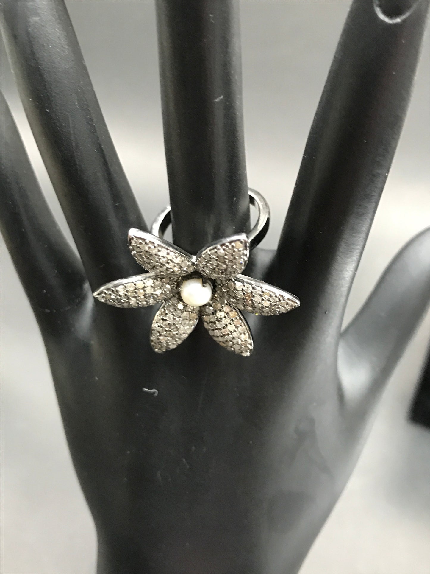 Flower Pave Diamond Ring .925 Oxidized Sterling Silver Diamond Ring, Genuine handmade pave diamond Ring Size Approx 1.60"(40 MM)
