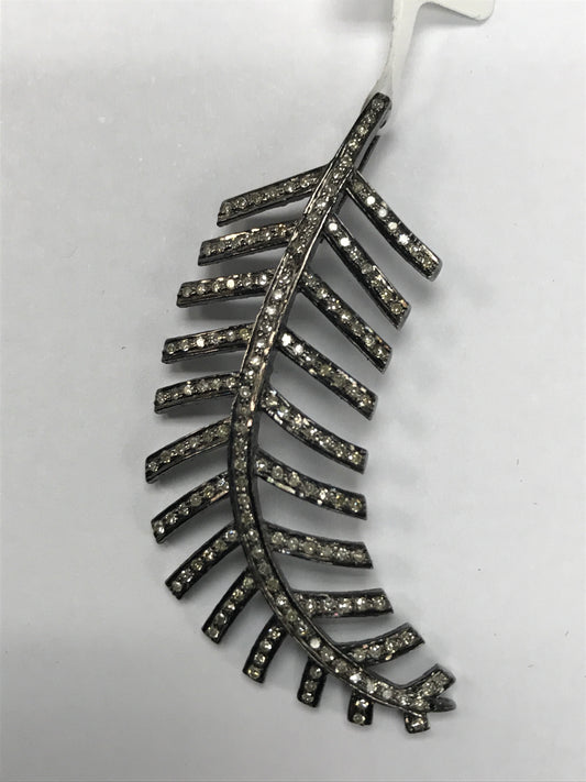 Leaf Shape Silver and Diamond Pave , Approx 47 x 17 mm