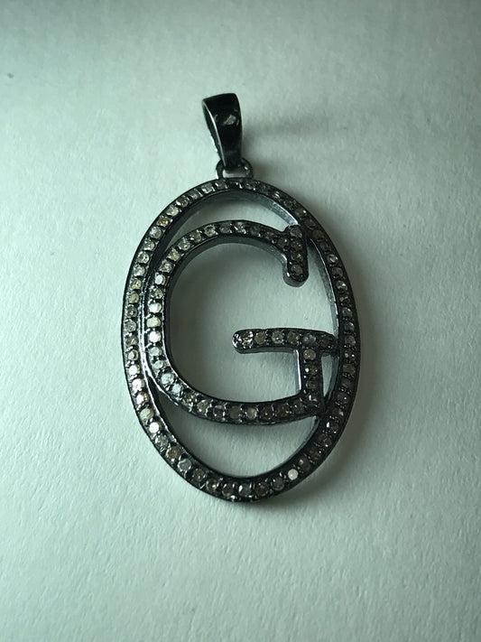 Diamond Letter G Pendant, Pave Diamond Pendant, Pave Letter G Necklace, Approx 40 x 13mm. Sterling Silver