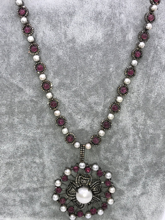 Pink Tourmaline and pearl designer pendant necklace with Diamonds