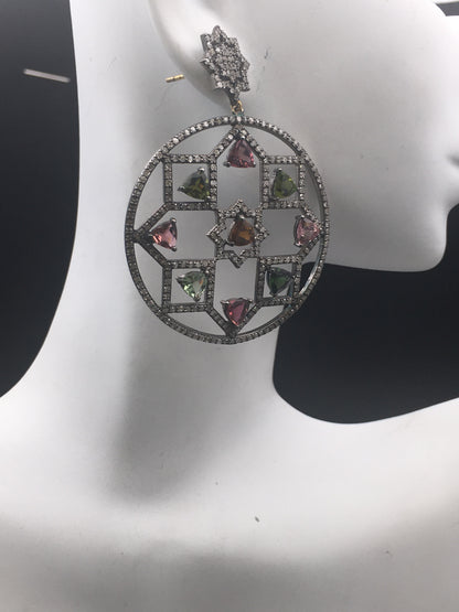 Diamond and Silver Multi Tourmaline Black Rhodium Finish Earring