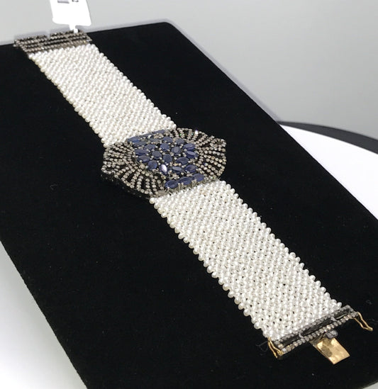 Sapphire and Diamond Designer Pearl Woven Bracelet