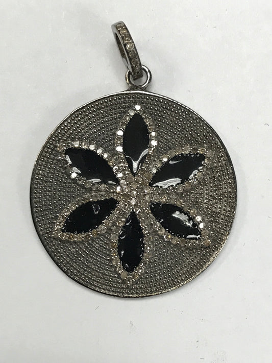 Circle (Flower Inside) Silver Diamond Charm .925 Oxidized Sterling Silver Diamond Charms, Genuine handmade pave diamond Charm Size Approx (30 MM)