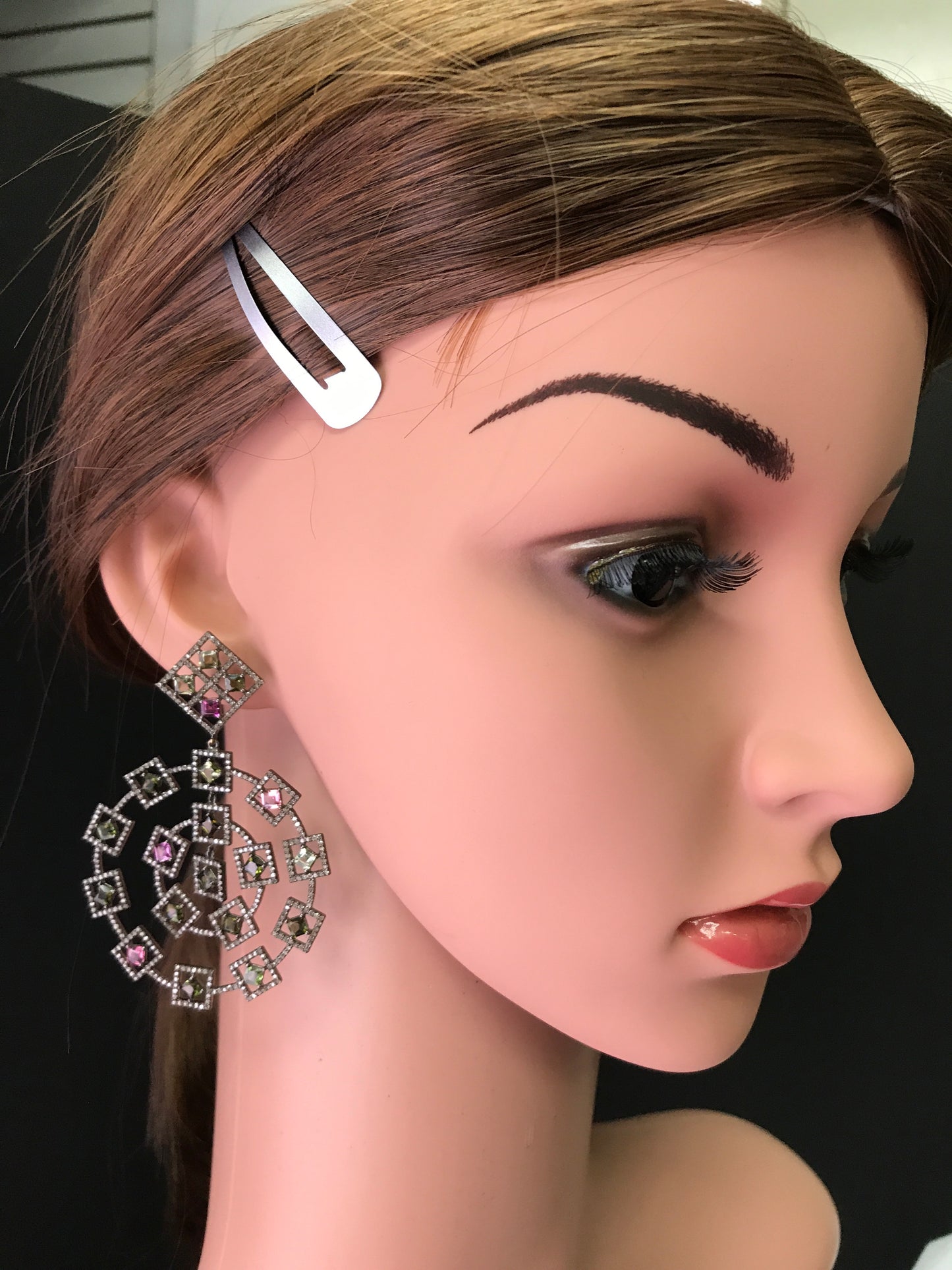 Diamond and Silver Multi Tourmaline Black Rhodium Finish Earrings