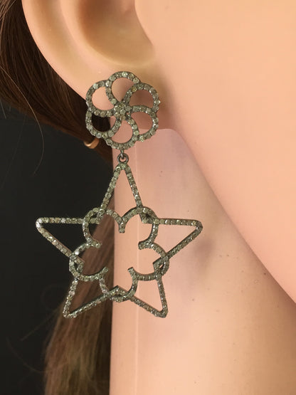 Star Diamond Earring .925 Oxidized Sterling Silver Diamond Earring, Genuine handmade pave diamond Earring Size 2.40"(39 x 60 MM )