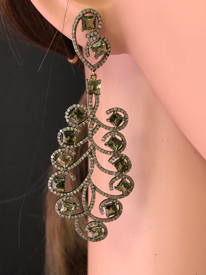 Diamond and Tourmaline Silver Black Rhodium Finish Earrings