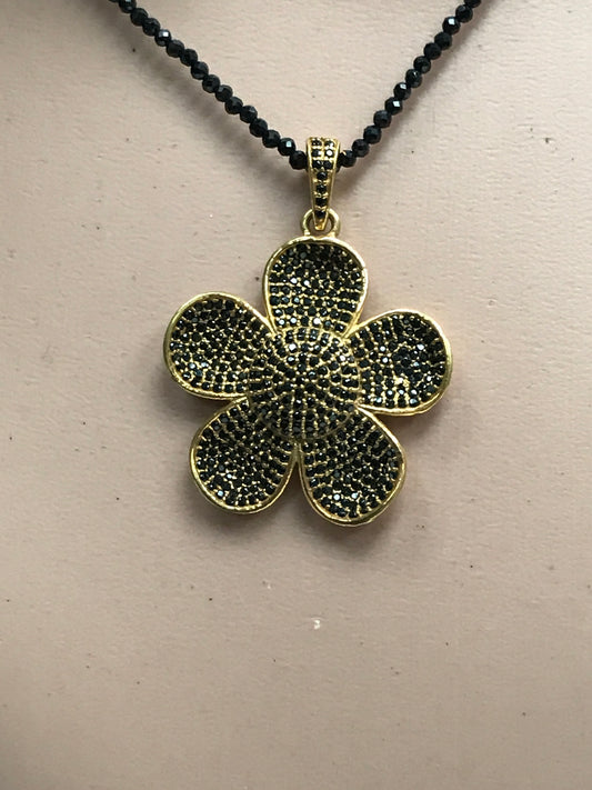 Flowers Black Spinel Charm, White Topaz Flowers Charm