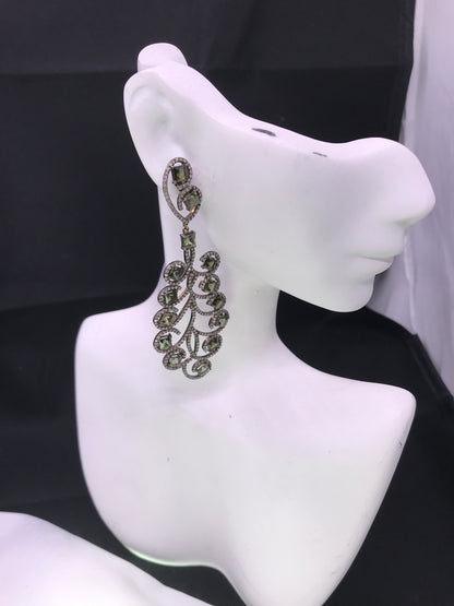 Diamond and Tourmaline Silver Black Rhodium Finish Earrings