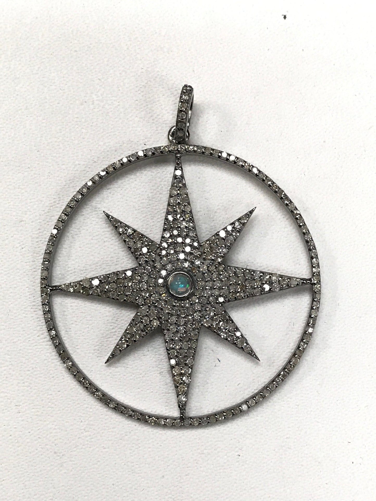 Star Burst Within A Circle Diamond Pendant .925 Oxidized Sterling Silver Diamond Pendant, Genuine handmade pave diamond Pendant.